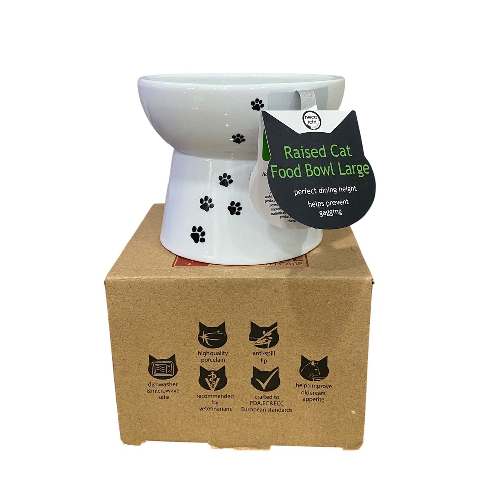 Necoichi Raised Cat Food Bowl Large White‎ Porcelain Paw Print Elevated NEW